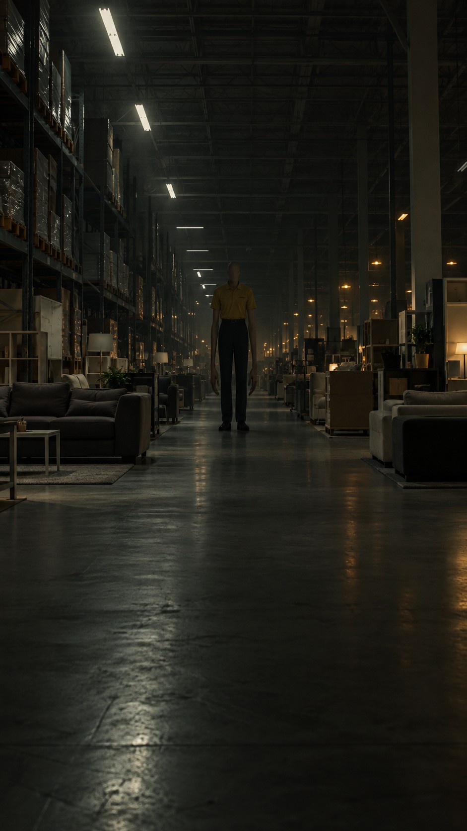 A tall, faceless employee stands in a dark furniture showroom.